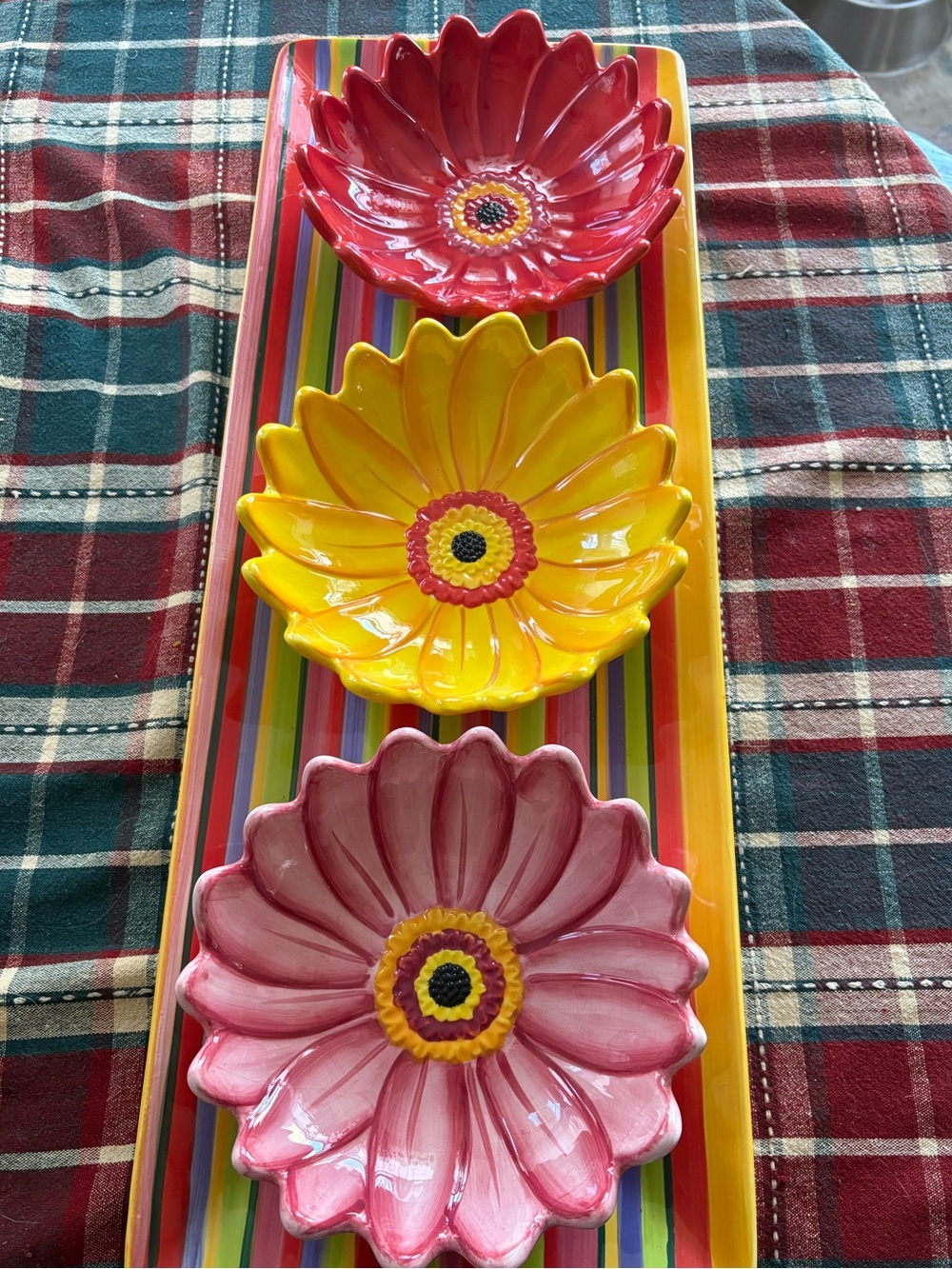 Clay Art Striped Gerbera Bowl and Plate Set of 3 Hand Painted